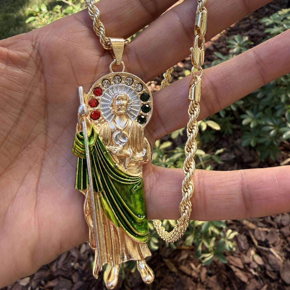 San Judas Tadeo 3" Big Pendant Necklace 14K GP Religious CZ Rope Torch Chain